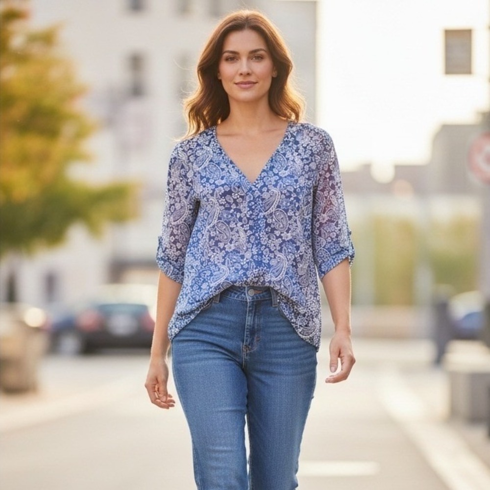 PerSeption Paisley Roll Tab Sleeve V-Neck Blouse Top Women Sz M Blue #336T